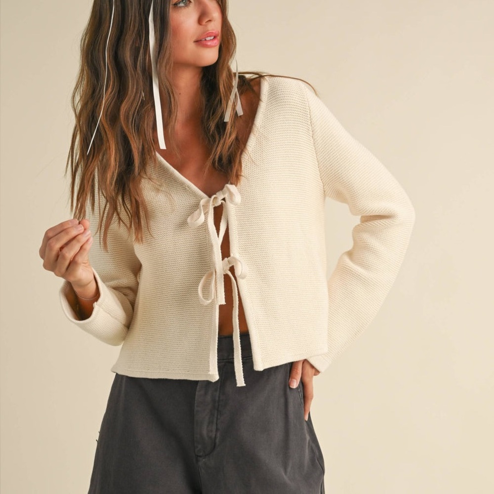 Miou Muse Long Sleeve Knitted Tie Front Cardigan bow front